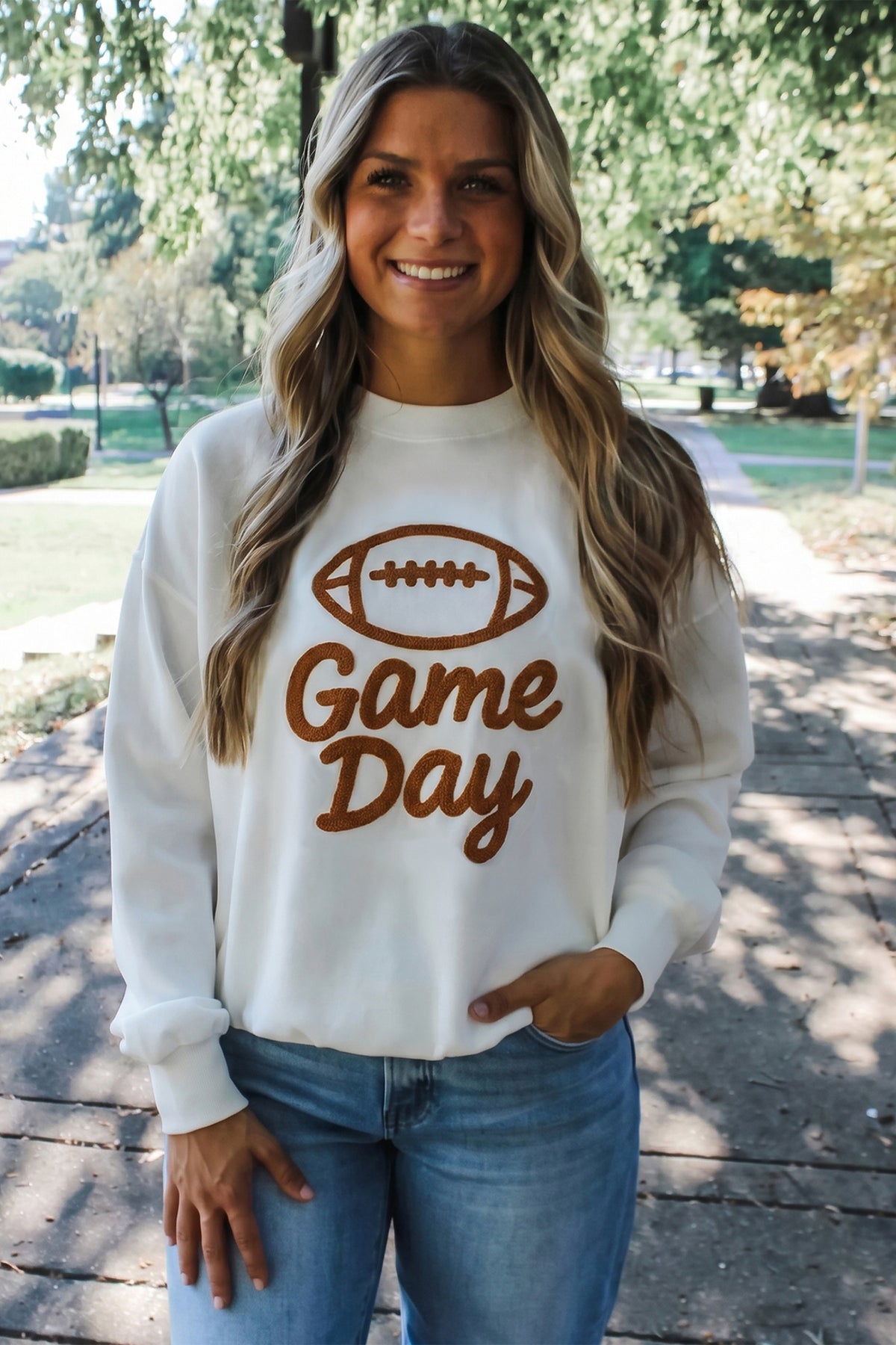 White Embroidered Game Day Crewneck