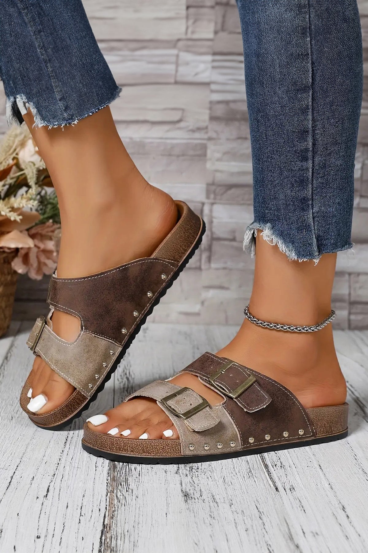 Coffee Two-tone Buckle Straps Hollowed Faux Suede Sandals