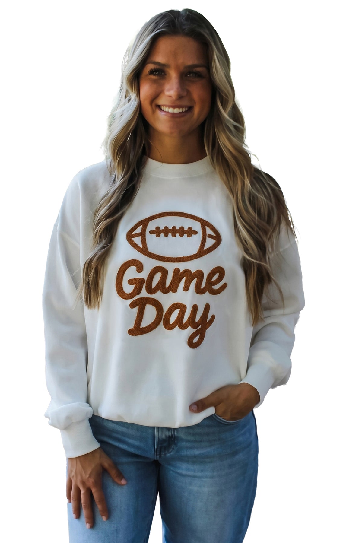White Embroidered Game Day Crewneck