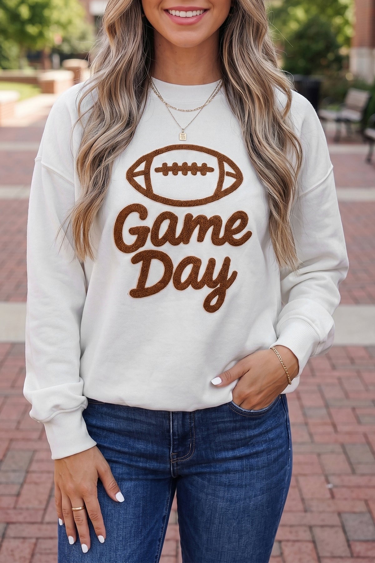 White Embroidered Game Day Crewneck